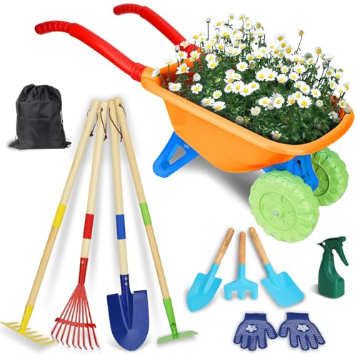 Demolike Kids Gardening Tools Set, Gardening Set for Kids, Outdoor Backyard Farm Digging Toys with Wheelbarrow Shovel, Rake, Trowel, Fork, Birthday Gifts for Boys Girls Age 3+