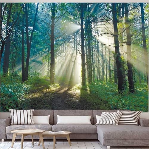 Wycian Tenture Murale Arbres, Tapisserie Murales Brume Mur Suspendu Vert Soleil Paysage Tapisseriesd Jungle Arbre Microfibres 260X240cm (Largeur x Hauteur)
