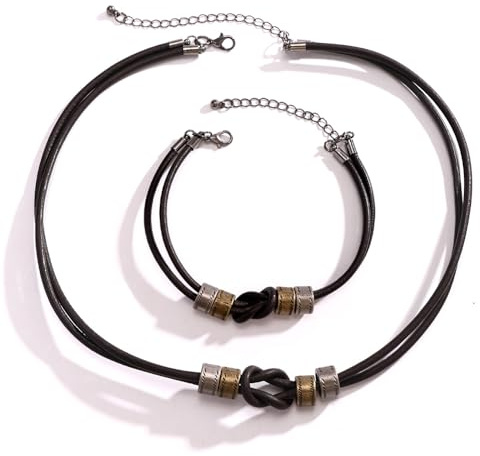 Genérico - Collar y Pulsera de Cuero Hombre, Negro, Clásico, Unisex, 20-25 cm, Cadena Cable, Cierre de Gancho y Ojo