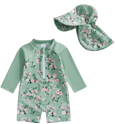 HodJIU Badeanzug für Babys, Mädchen, UV-Schutz, Schwimmanzug, langärmlig + Badekappe, Set für Neugeborene, grün, 3-6 Monate