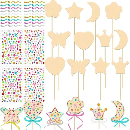 XDGBGFN 18 Sets Fairy Wand Craft Kit Wooden Princess Wand DIY with Gem Stickers Colourful Ribbons Unfinished Wands for Arts and Crafts Projects