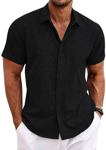 Volemo Camicia Lino Uomo Maniche Cortea Camicie Estive Shirt Regular Fit Nero XL