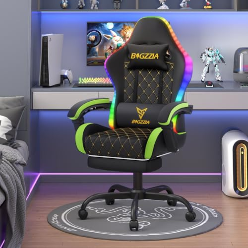 Racingreat Gaming Chair with Led Lights | Ergonomic Racing Style Gamer Chair/High Back, Lumbar Support, Recliner, Footrest (Black/Green)