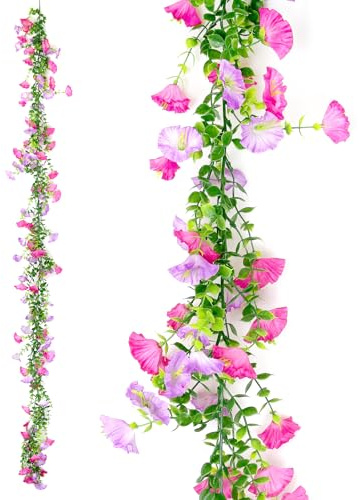 RUNYU 180 cm Guirnalda de Flores Artificiales Petunias Planta Colgante, Enredaderas Artificiales Decorativas para Exteriores, Balcón, Jardín (Lila y Rojo Rosa)