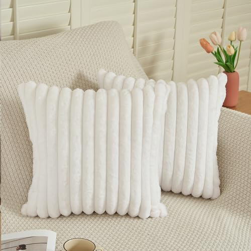 EASE LEAP White Cushion Covers 50cm x 50cm Fluffy Faux Fur Set of 2 Throw Pillow Covers Soft Plush Pillowcases for Sofa Bed Modern Style Home Decor Fluffy Striped Cushion Cover 20x20 Inches