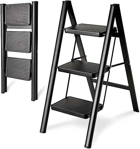 Victoam Scaletta a 3 livelli, pieghevole con supporto sicuro, pedale più ampio, scala pieghevole in alluminio, portata fino a 150 kg, per cucina, casa, ufficio, colore nero