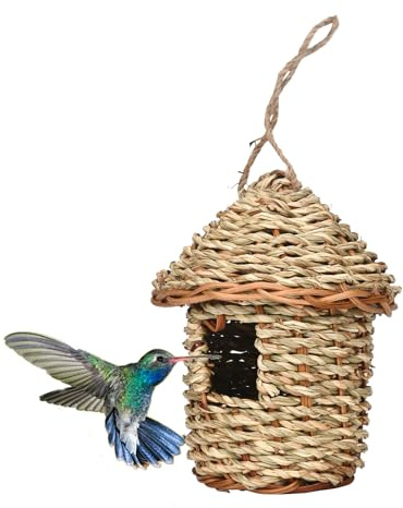 Casetta per in paglia intrecciata a mano da 16,3 cm, case per colibrì per esterni, capanna naturale per nidificazione, grotta per l'allevamento di, per giardino, balcone, portico e