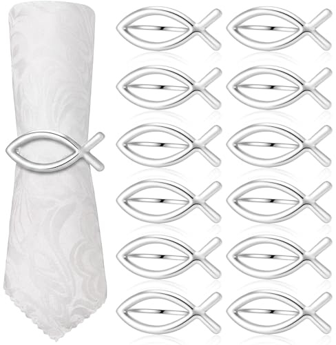 12 Stück Fisch Serviettenringe, Deko Fische Kommunion Junge, Serviettenringe aus Metall Fisch Taufe Tischdeko Konfirmation für Erstkommunion Deko, Hochzeitsdeko, Schön DASS du da Bist Geschenk