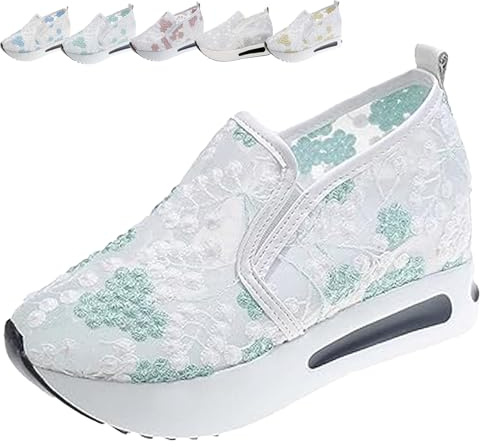 Scarpe da ginnastica ortopediche da donna in rete con paillettes alla moda con paillettes in pizzo piattaforma sneaker primavera traspirante trasparente slip on zeppa scarpe, Verde, 35.5 EU