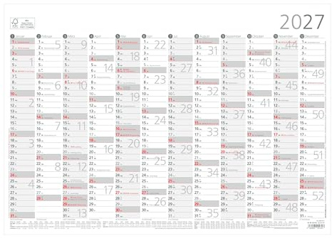 Jahresübersicht A3 12 Mon 1 Stk. plano 2027: Plakatkalender 42x29,7 cm mit 12 Monaten auf 1 Seite, Arbeitstage- & Wochenzählung, Ferien, Feiertage rot markiert ideal für Büro & Homeoffice