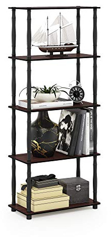 Furinno TURN-S-TUBE Storage Shelves, 5-Tier Book Shelf, Corner Shelf, Toolless Open Shelves, Classic Tubes, for Organization and Storage, Living Room, Garage, Home Office, Dark Cherry