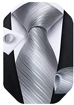 DiBanGu Mens Tie Set Silk Solid Paisley Necktie and Pocket Square Cufflinks Classic Formal Ties for Men Wedding Party, Silver