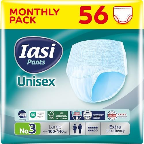 56 x Incontinence Pants Women and Men, Adult Diapers, Pull-Ups, Soft-Stretch Waistband, with Leak Stop Guards, Size Large