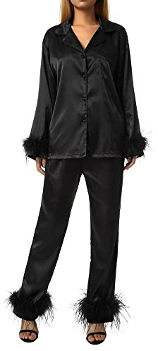 Women Sleepwear, Feather Decoration Long Sleeve Button-Down Lapel Collar Tops + Pants Pajamas Set (Black, S)