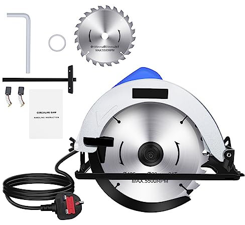 Scies Circulaires à Main, Scie Circulaire Électrique à Bois 1500W pour Bois, Métal Mou, Carrelage, Lame de Scie de 185 mm, Réglable De 0 à 45 Degrés, capacité de Coupe Maximale de 57 mm