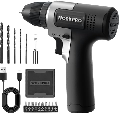 WORKPRO 8V Cordless Drill Set, 2Ah Electric Power Drill with 3/8'' Keyless Chuck, 15pcs Bits, Type-C Charging, Built-in LED and Variable Speed for Drilling and Screwing