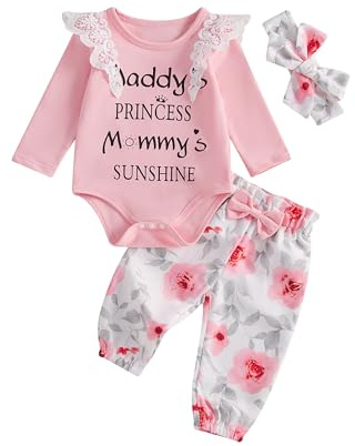 Edhomenn Baby flickor 3-delad höst outfit långärmad sparkdräkt och blommiga långbyxor med rosett pannband, En rosa, 12-18 Months