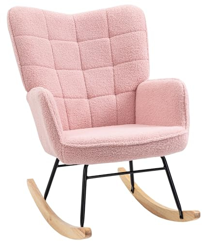 HOMCOM Wingback Rocking Chair for Nursing, Upholstered Berber Fleece Nursery Glider Rocker, Modern Armchair for Living Room, Pink