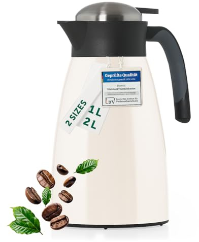 Blumtal Thermoskanne 2 Liter - BPA-freie Teekanne mit Quick Tip Verschluss - auslaufsichere Kaffeekanne Thermo für langanhaltende Isolation - Isolierkanne 2l - Thermoskanne 2l Edelstahl Off-White