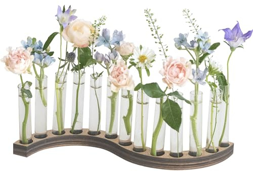 Test Tube Vases for Flowers，Small Plant Propagation Station，S Shape Plant Terrarium with Wooden Stand(Amber)