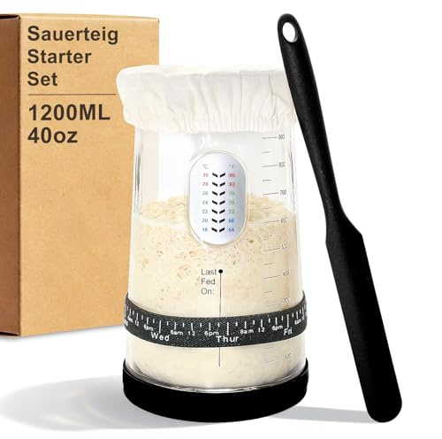 Surdeg startset – 1,2 l stort surdegglas med silikonspatel, rengöringsborste – baktillbehör, fermenteringsglas för nybörjare och hembakning (svart, 1 200 ml uppgraderad)