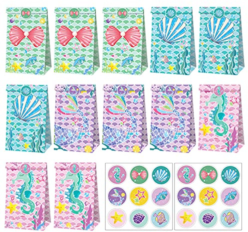 Alipis Bolsas de Obsequio de Papel para Fiestas Temáticas de Sirena, Diseño Único y Fácil de Doblar, Paquete de 12 Bolsas Adhesivos para Sellar, Ideales para Eventos