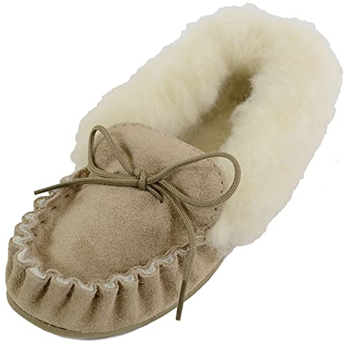 ABSOLUTE FOTKLÄDER Dam Slip on fårskinn mocka mockasiner med ullmanschett och gummisula. Tillverkad i Storbritannien, BEIgE, 39 EU