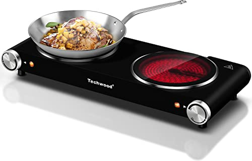 Double Hot Plate, Techwood 1800W Electric Stove for Cooking, Infrared Ceramic Countertop Burner with Dual Adjustable Temperature & Glass Cooktop for Home/RV/Camp, Compatible for All Cookwares, Black