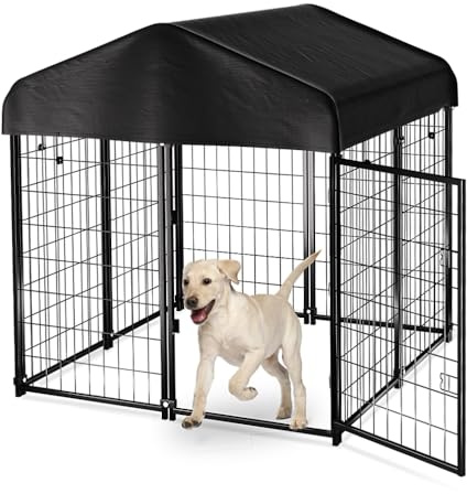 Dog Kennel Outside with Roof, 4'x4'x4.5' Outdoor Dog Kennels for Large Dogs, Heavty Duty Welded Dog Crate Playpen with UV-Resistant Waterproof Cover