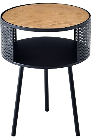 [en.casa] Mesa Auxiliar Redonda Mesa de Noche con Compartimiento Adicional Salón Dormitorio Aglomerado Metal 45 x Ø 34 cm Efecto Madera Negro