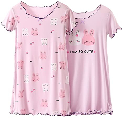 L SERVER Camicia da notte per bambine, morbida, confortevole, confezione da 2 pezzi, dolce e carino, con asciugamano/biancheria da notte a maniche corte, Maniche corte (confezione da 2), 6-7 Anni