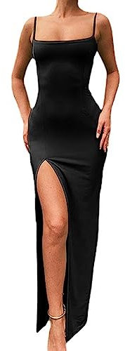 KOEMCY Damen Kleider Lange Sexy Spaghetti Cocktailkleid Sommerkleid Maxikleider Elegant Bleistiftkleid Cami Kleid Bodycon Kleider mit Schlitz (Schwarz, M)
