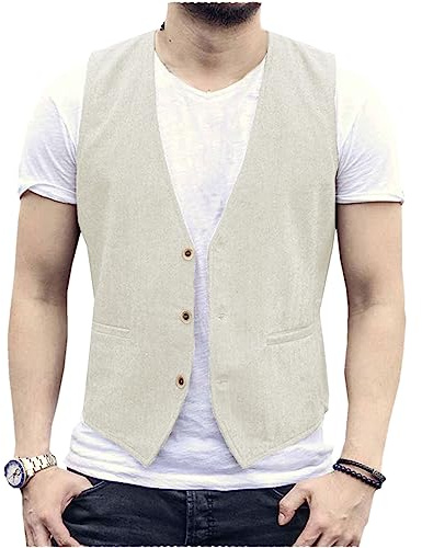 AeoTeokey Gilet estivo da uomo in lino, dallo stile casual e con taglio dritto, beige, M