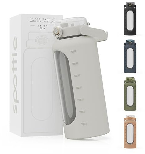 spottle Glasflasche 2 Liter - Trinkflasche 2L Glas mit Strohhalm - Große Wasserflasche mit Schutzhülle aus Silikonhülle - auslaufsicher - spülmaschinenfest - BPA-frei