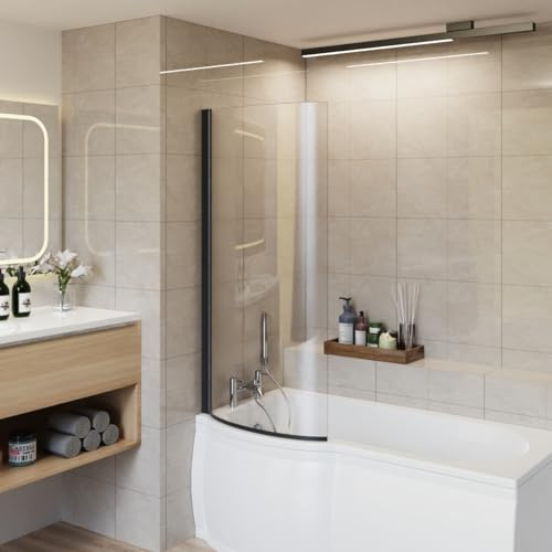 Aquariss 1400x715mm 6mm Curved Toughened Safety Glass Pivot Bath Screen Panel for P-Shaped Bath Black