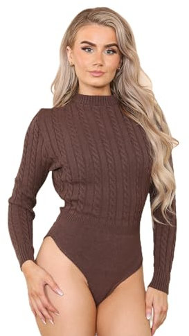 Knitwear Lightweight Bodysuit For Women UK Cable Soft Knit Jumper Bodysuit Crewneck For Women - Stylish UK Fashion (Brown, Medium)