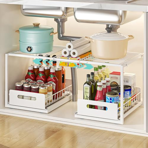 YunNasi Rangement Sous Evier, Extensible Organisateur à 2 Niveaux en Métal, Hauteur Réglable Coulissant Tiroir Étagères pour Placard Meuble Cuisine Salle Bain (Blanc, A-Style)