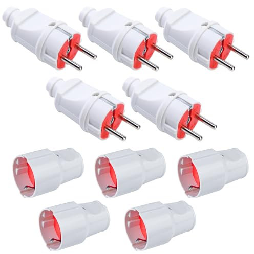 Lot de 5 paires de fiches Schuko, 250 V 16 A, IP20, en caoutchouc, pour l'extérieur, avec contact de protection, 2 pôles, étanche, blanc, fiche Schuko et raccord en caoutchouc sans câbles
