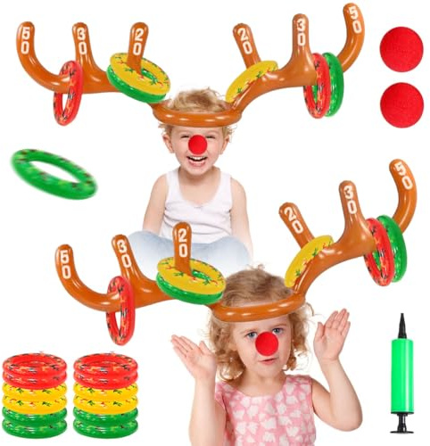 Jeu de Lancer de Bois de Renne Gonflables, Jeu de Lancer d'Anneaux Gonflables de Noël, 2 Pcs Mélanger Gonflable Renne avec 12 Anneaux Gonflables, Jeu de Fête de Noël pour Enfants & Adultes