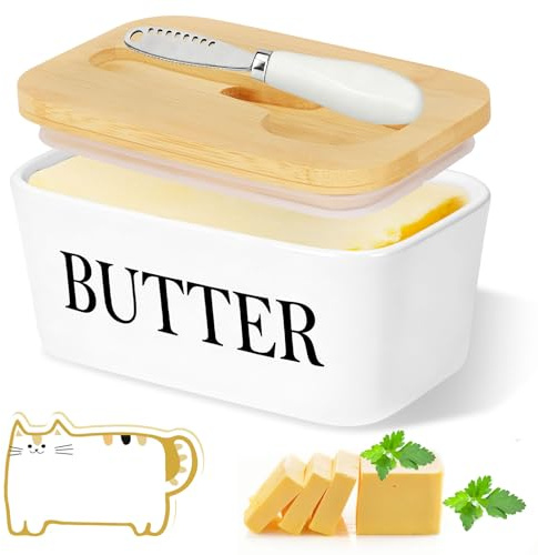 ZUSUZU Butterdose mit Deckel,Butterdose Porzellan mit Buttermesser,Butterschatz,Multi-Funktion Butter Dish mit Bambusdeckel,Multi-Funktion Butter Dish,Butterbox für Haushalt und Küche
