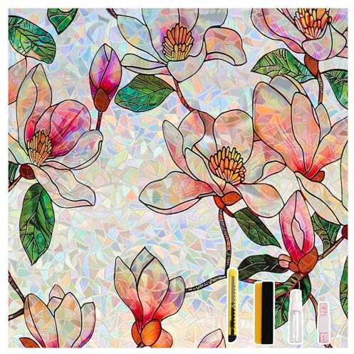 Conkov Pellicola per Finestre, Opaca Autoadesiva, Pellicola Protettiva Arcobaleno, Statica, Anti-UV, Pellicola per Finestre, Protezione Solare per Soggiorno Cucina, Magnolia 75 x 200cm