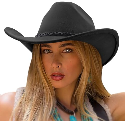 DRESHOW Cowboyhatt Dam Cattleman Western Retro Hattar Cowgirlhatt med Bred Kant Utomhus med Spännebälte Unisex Fedora Filt Upprullade Hut