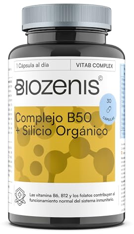 BIOZENIS Complejo Vitamina B50 + Silicio Orgánico – Vitaminas B1 B2 B3 B6 B12 + Biotina, Inositol y Colina – 30 Cápsulas