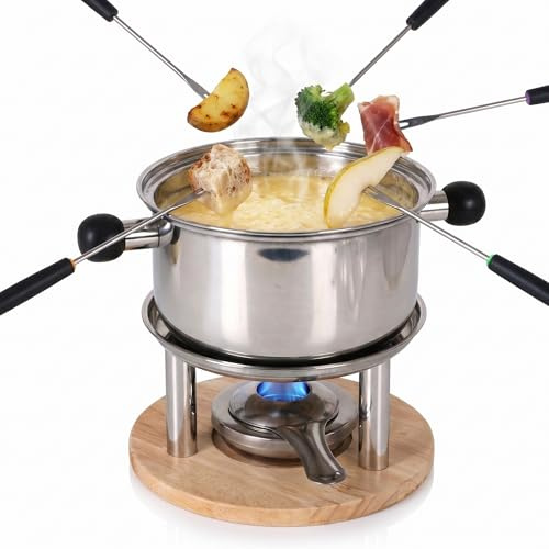 SANTA CLARA | Set de Fondue de Acero Inoxidable para 6 Comensales, Olla con Tapa y Quemador con Soporte, Incluye 6 Tenedores con Marcadores de Color, Ideal para Queso y Chocolate, Menaje de Cocina