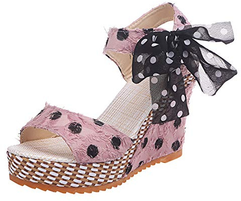 Women's Summer Comfortable Wedge Sandals – Chic and Elegant Evening Shoes Open Toe Platform Sandalette Breathable Shoe with Bow Outdoor Sandalette, pink, 4 UK