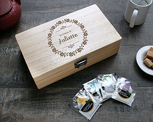CADEAUX.COM - Boîte à thé personnalisable - Gourmandises - Coffret thé 8 compartiments en Bois contenant 24 sachets de thé et de tisanes - Idée Cadeau Maman- Cadeau Fête des Mères - Cadeau Noel
