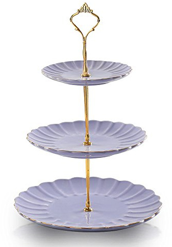 Sweejar 3 Tier Ceramic Cake Stand Wedding, Dessert Cupcake Stand for Tea Party Serving Platter (Purple)
