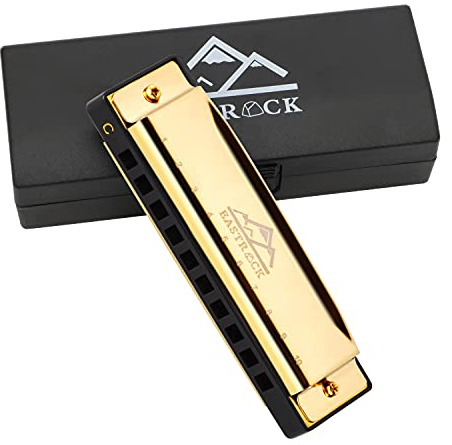 EastRock Blues Harmonica à bouche en do à 10 trous avec étui, harmonica diatonique pour joueur professionnel, débutant, étudiant, cadeau pour adultes, amis, cadeau (doré)