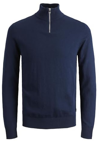 JACK & JONES Herren Dünner Strickpullover | Stehkragen Sweater mit Reißverschluss | Langarm Basic JJEEMIL, Farben:Navy, Größe Pullover:L