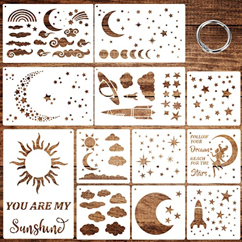Aster Pochoir 12 pièces pour peinture étoile de lune, réutilisable, ciel nocturne rêveur, bricolage, cuisson du bois, étoilé